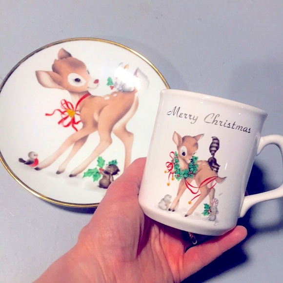Vintage winter Christmas animal themed side serving dish plate gold trim mug - Picture 1 of 10